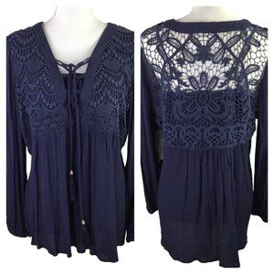 Tanzara NWT Size XL Navy Blue Crochet Yoke Peasant Boho Top Blouse Loose Flowing